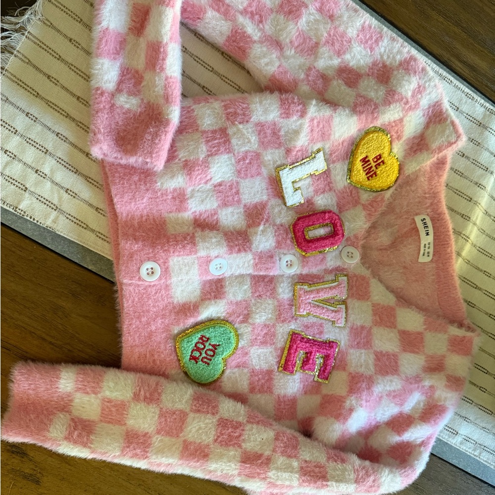 SHEIN Pink and White Fuzzy Checkered Cardigan